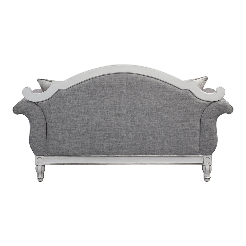 Pemberly Row Tufted Fabric Loveseat w/ 3 Pillows in Gray/Antique White