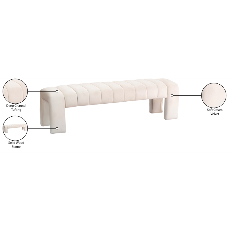 Pemberley Row Solid Wood Velvet Cream Bench Rectangular Channel Tufted 60.5