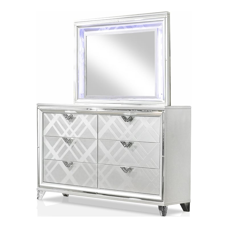 Pemberly Row 5pc White Wood Bedroom Set - Cal King+2 Nightstands+Dresser+Mirror