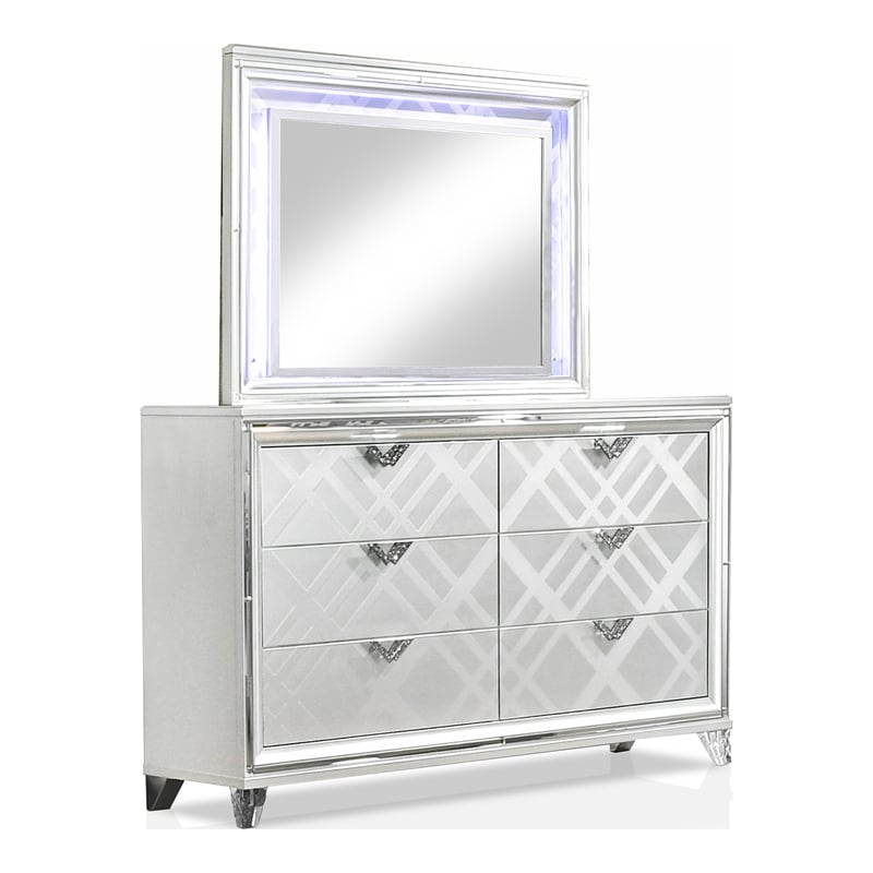 Pemberly Row 5pc White Wood Bedroom Set - Queen+2 Nightstands+Dresser+Mirror