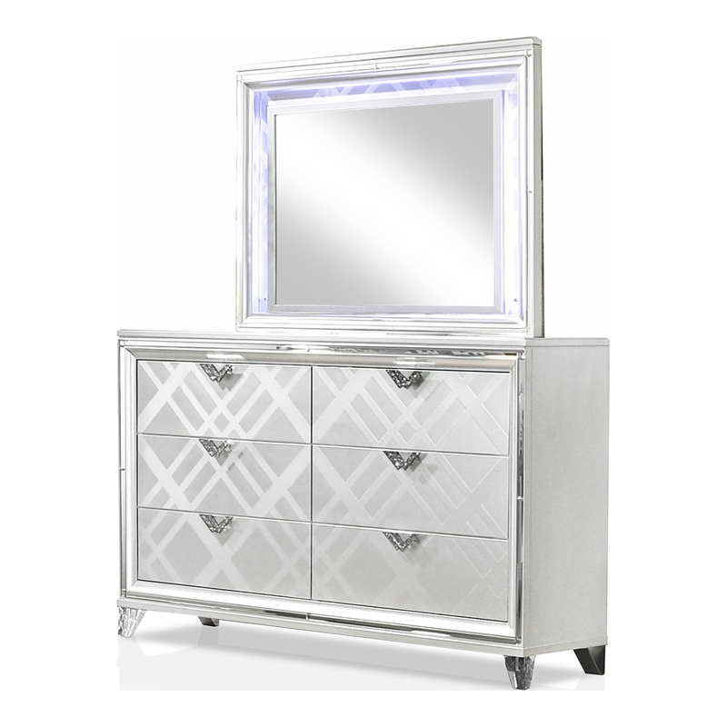Pemberly Row 5pc White Wood Bedroom Set - Queen+2 Nightstands+Dresser+Mirror