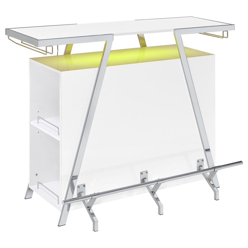 Pemberly Row Contemporary Wood Home Bar with Shelf in White and Chrome