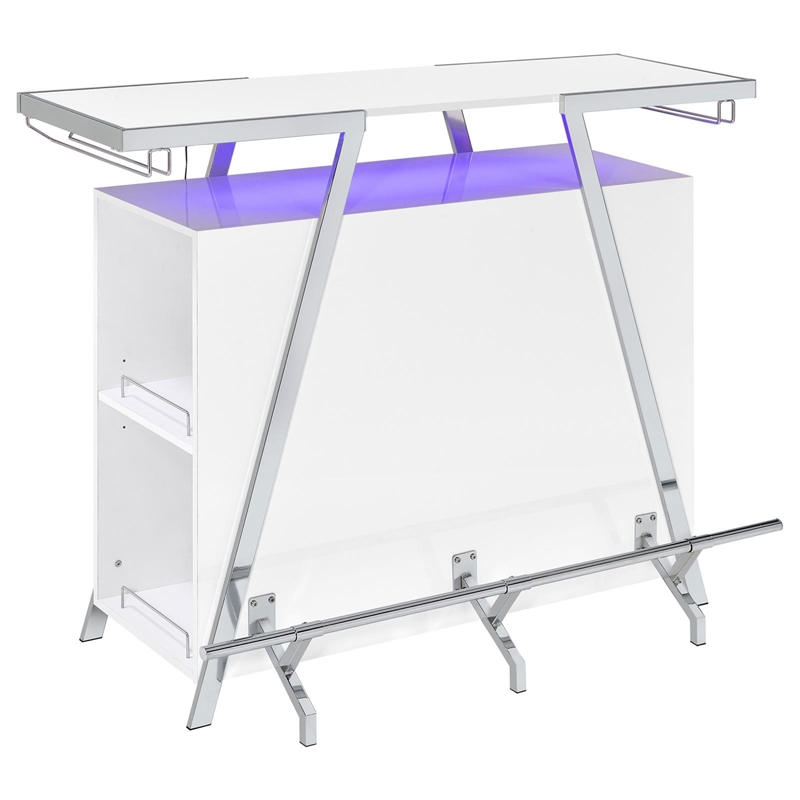 Pemberly Row Contemporary Wood Home Bar with Shelf in White and Chrome