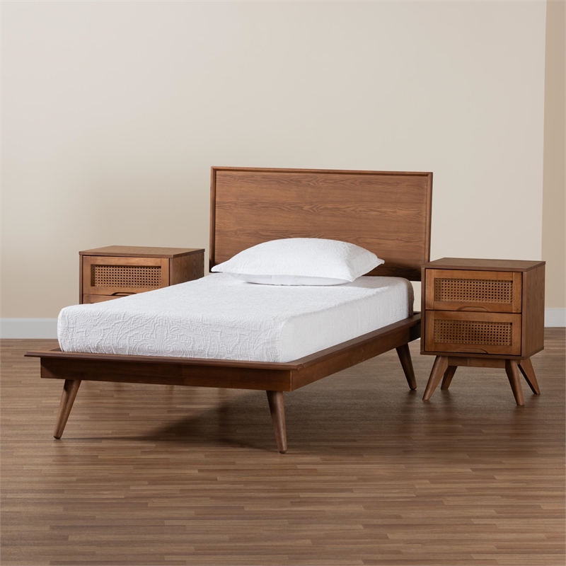 Pemberly Row Walnut Brown Wood and Rattan Twin Size 3-Piece Bedroom Set