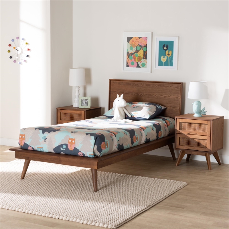 Pemberly Row Walnut Brown Wood and Rattan Twin Size 3-Piece Bedroom Set