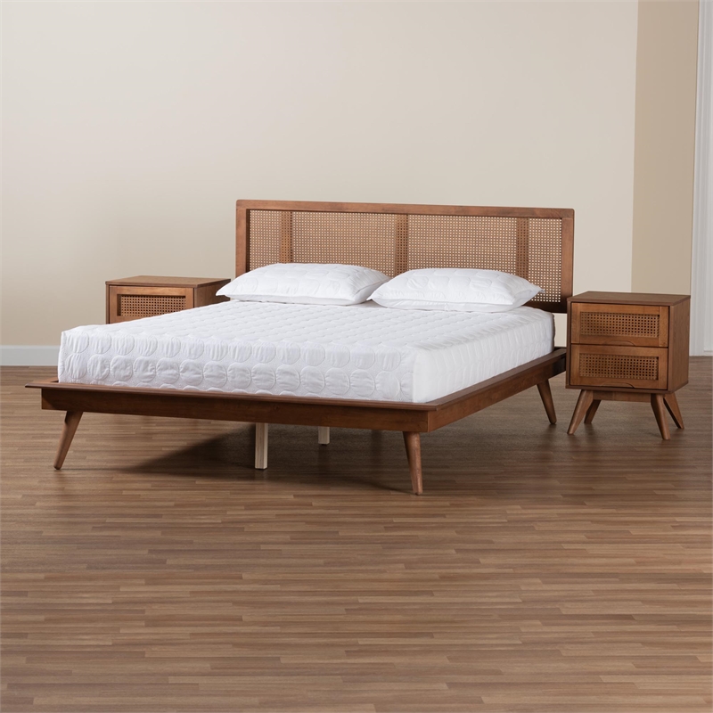 Pemberly Row Walnut Brown Wood and Rattan Full Size 3-Piece Bedroom Set