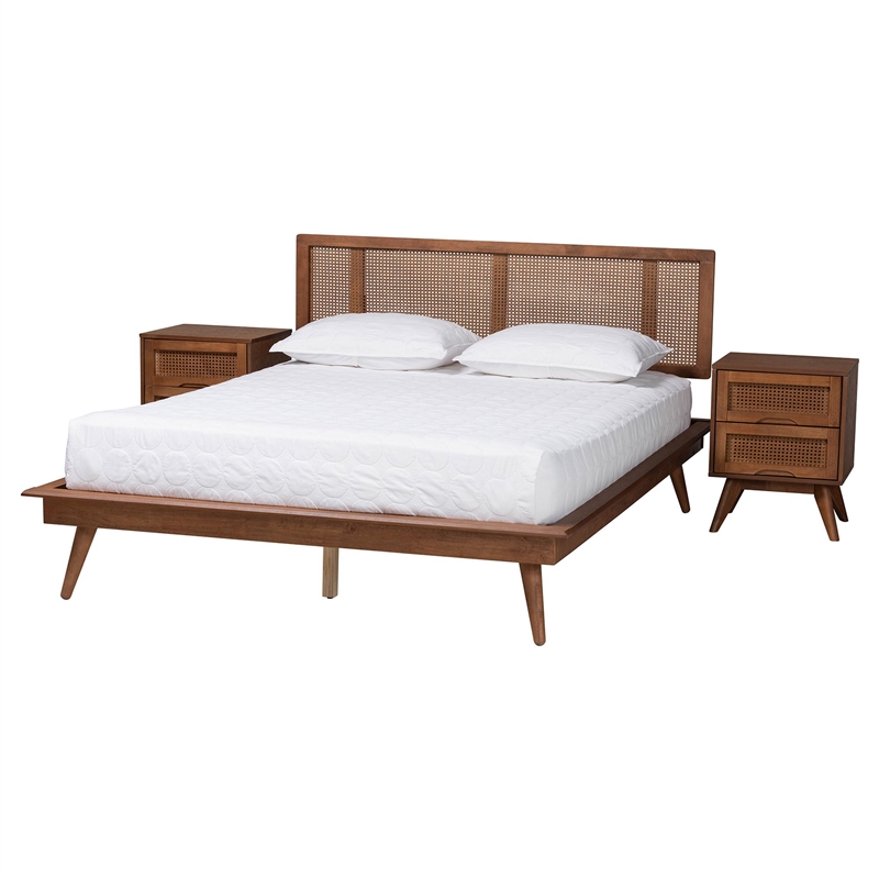 Pemberly Row Walnut Brown Wood and Rattan Full Size 3-Piece Bedroom Set