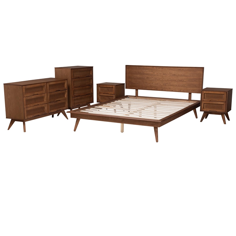 Pemberly Row Walnut Brown Wood and Rattan Full Size 5-Piece Bedroom Set