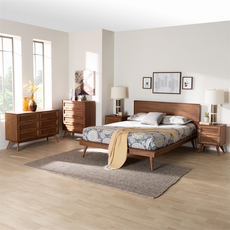 Pemberly Row Walnut Brown Wood and Rattan Full Size 5-Piece Bedroom Set