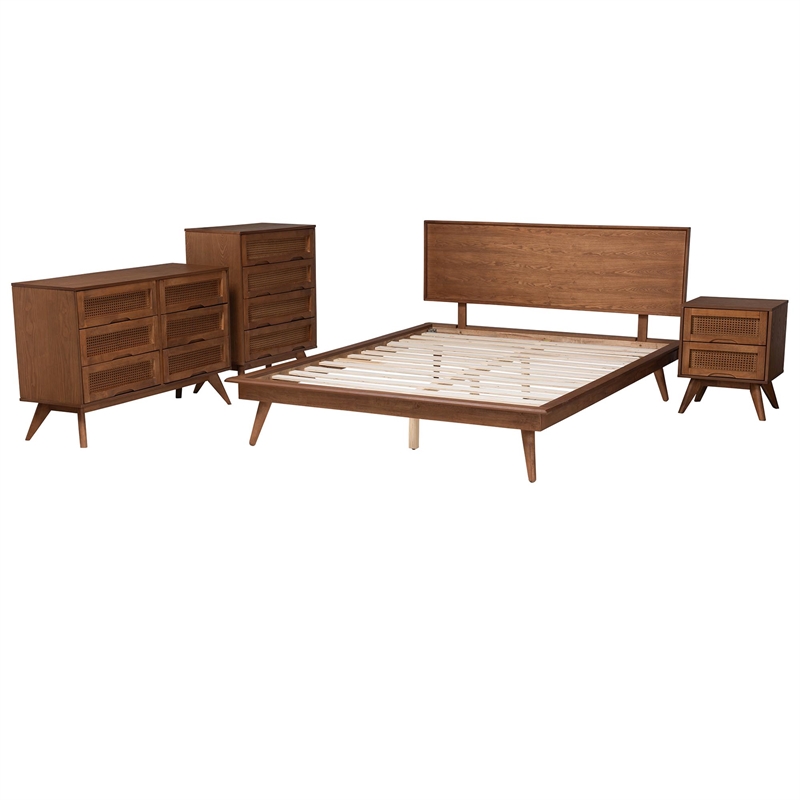 Pemberly Row Walnut Brown Wood and Rattan King Size 4-Piece Bedroom Set