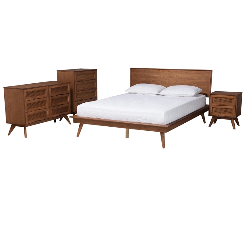 Pemberly Row Walnut Brown Wood and Rattan King Size 4-Piece Bedroom Set