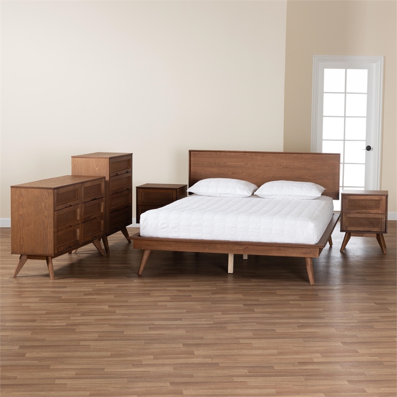 Pemberly Row Walnut Brown Wood and Rattan King Size 5-Piece Bedroom Set