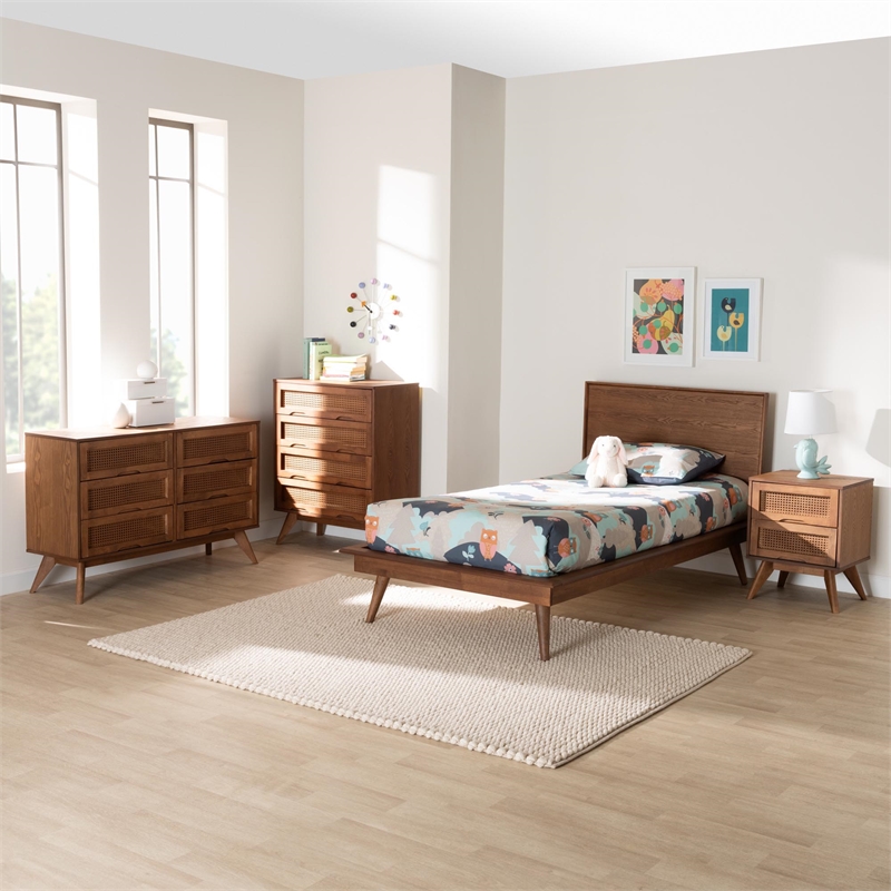 Pemberly Row Walnut Brown Wood and Rattan Twin Size 4-Piece Bedroom Set
