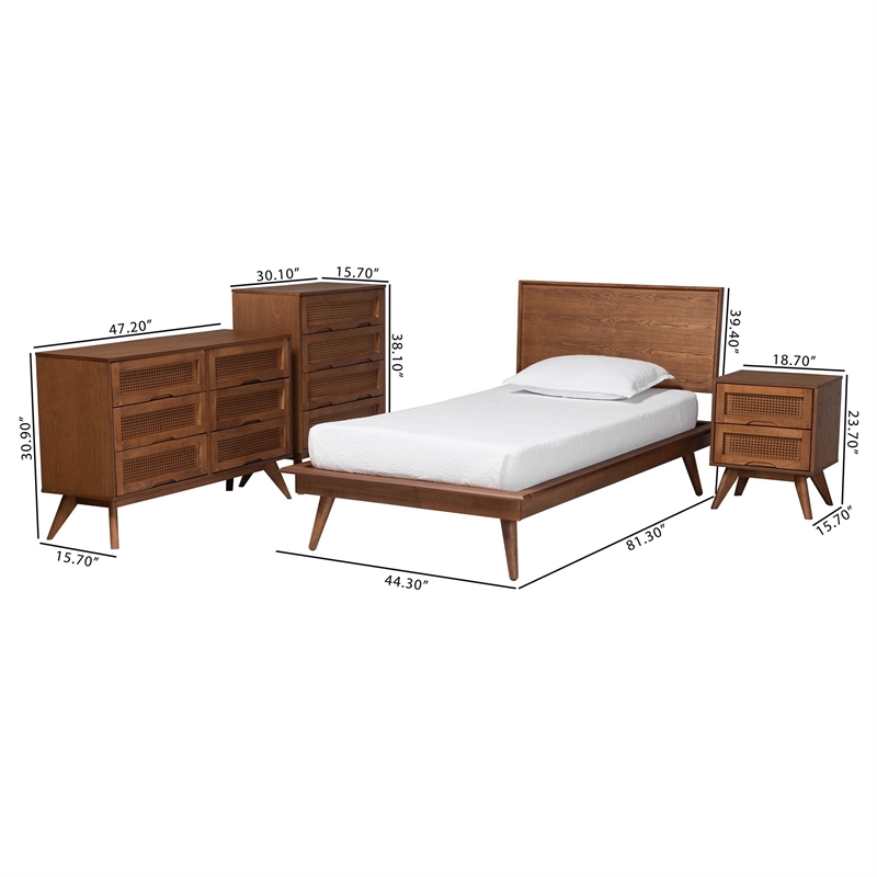 Pemberly Row Walnut Brown Wood and Rattan Twin Size 4-Piece Bedroom Set
