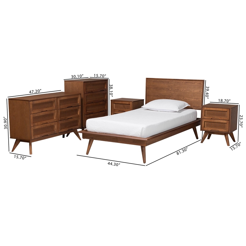 Pemberly Row Walnut Brown Wood and Rattan Twin Size 5-Piece Bedroom Set
