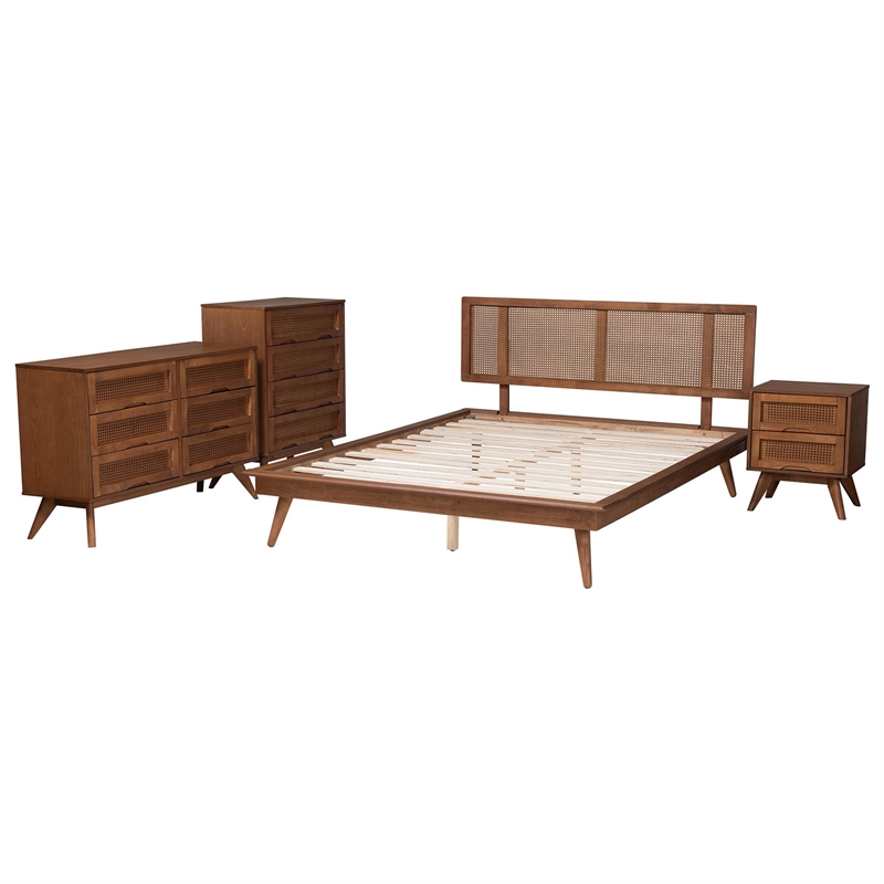 Pemberly Row Walnut Brown Wood and Rattan Full Size 4-Piece Bedroom Set
