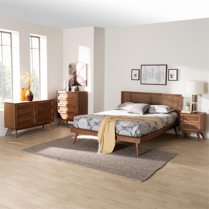 Pemberly Row Walnut Brown Wood and Rattan Full Size 4-Piece Bedroom Set