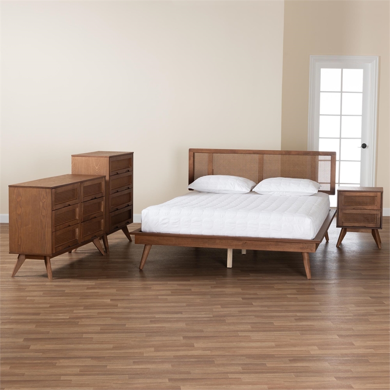 Pemberly Row Walnut Brown Wood and Rattan Full Size 4-Piece Bedroom Set