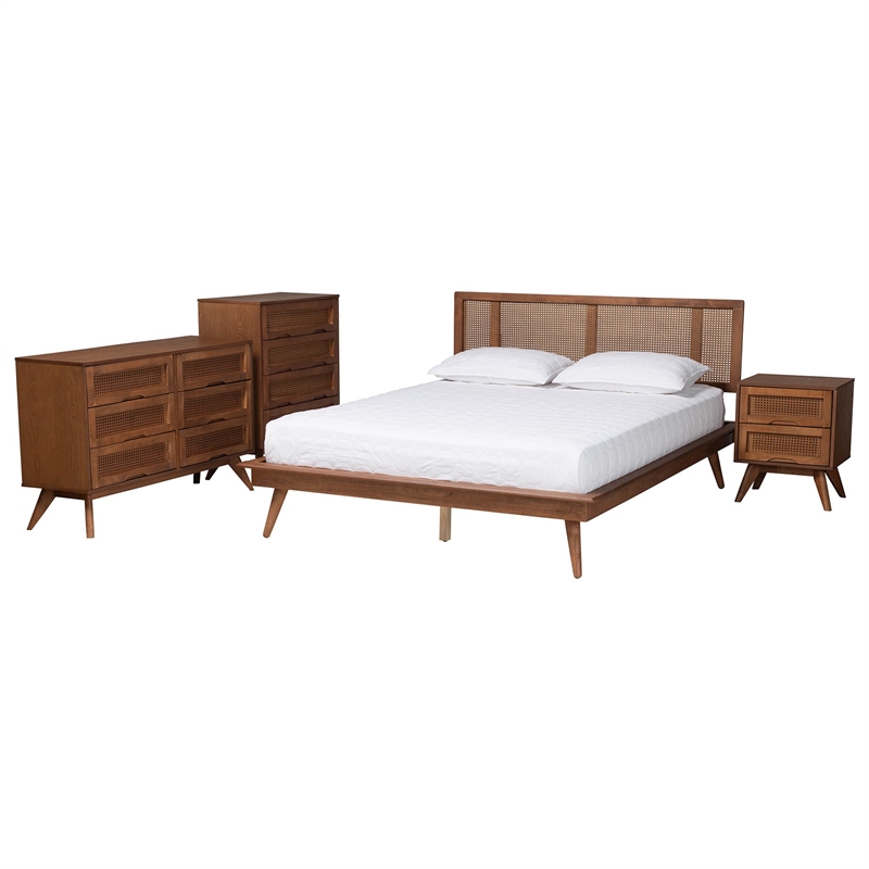 Pemberly Row Walnut Brown Wood and Rattan Full Size 4-Piece Bedroom Set