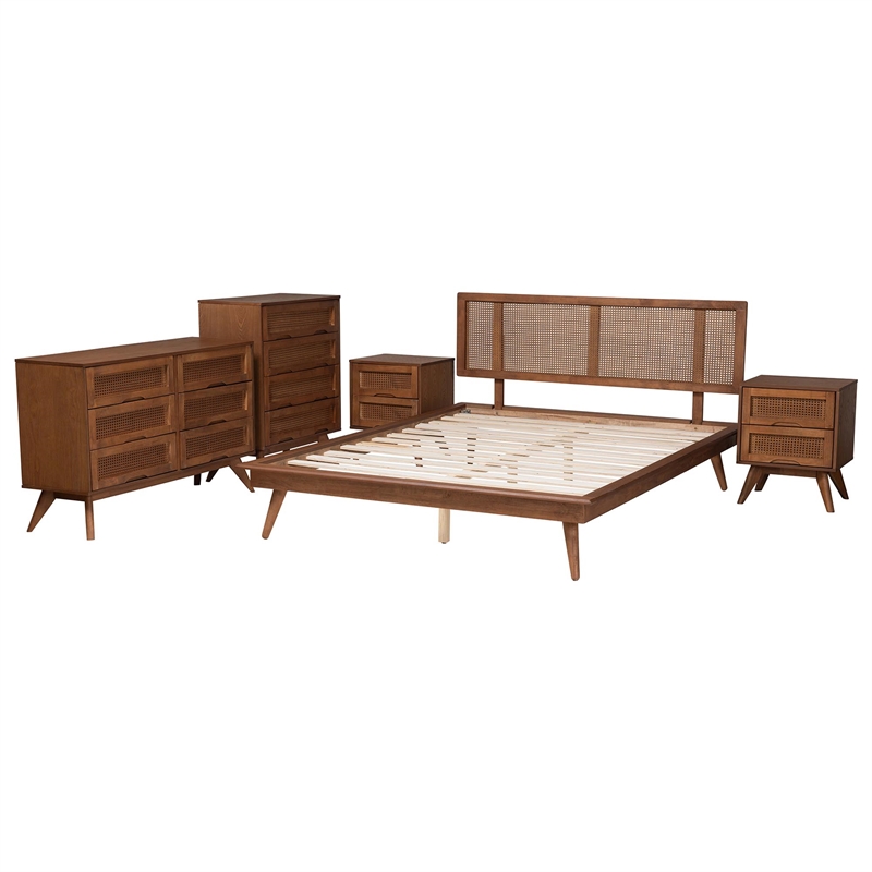 Pemberly Row Walnut Brown Wood and Rattan Full Size 5-Piece Bedroom Set