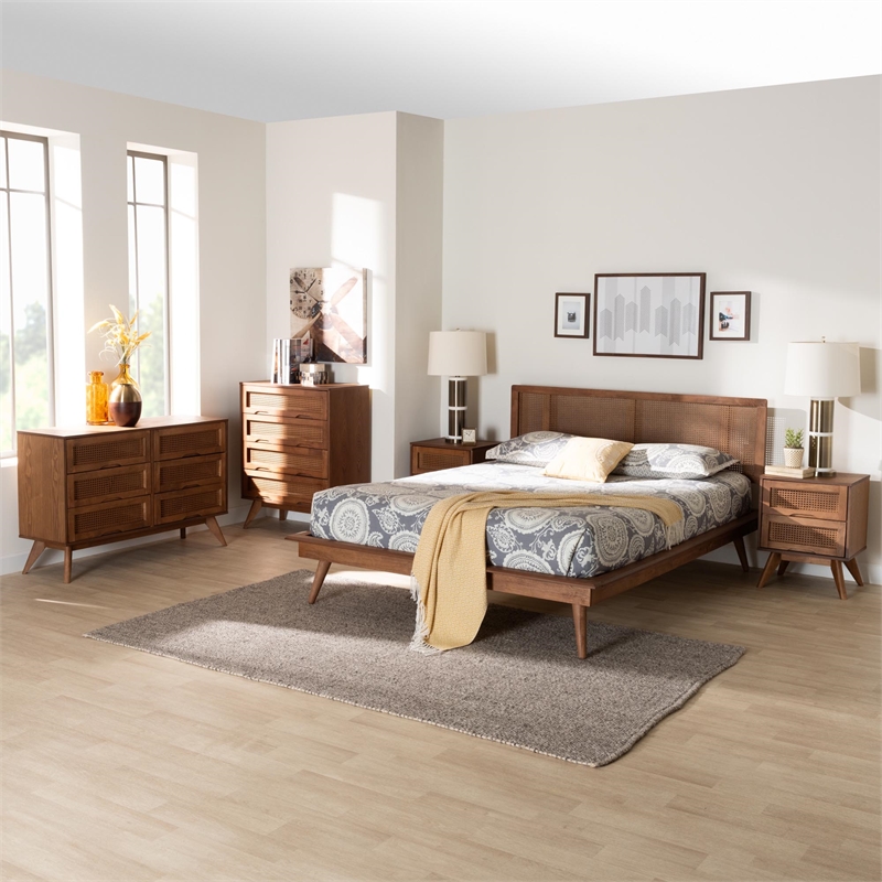 Pemberly Row Walnut Brown Wood and Rattan Full Size 5-Piece Bedroom Set