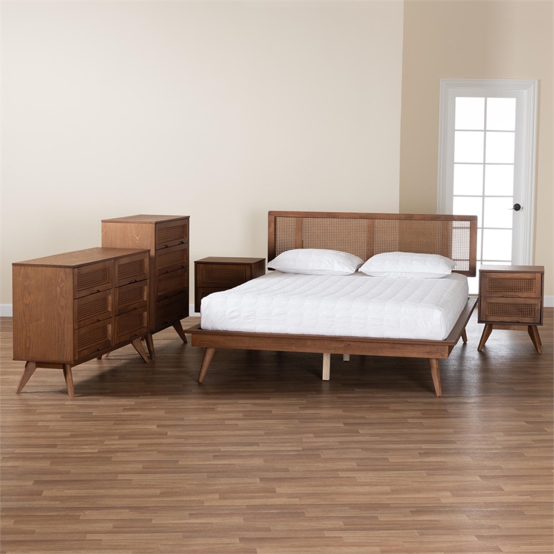 Pemberly Row Walnut Brown Wood and Rattan Full Size 5-Piece Bedroom Set