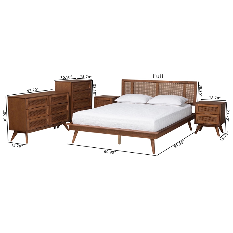 Pemberly Row Walnut Brown Wood and Rattan Full Size 5-Piece Bedroom Set