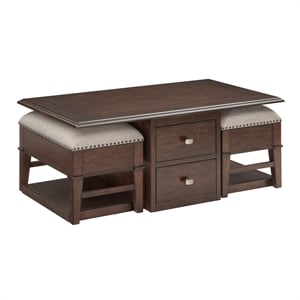 Pemberly Row Wood & Fabric Cocktail Table with 2 Storage Ottomans in Brown