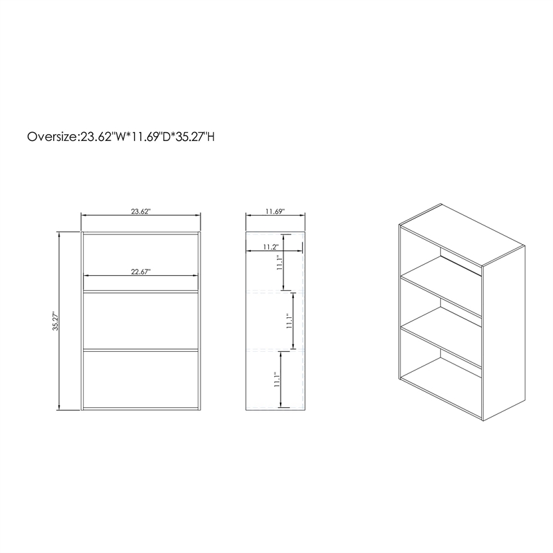 Pemberly Row Modern Stackable Wood 3-Shelf Bookcase in White