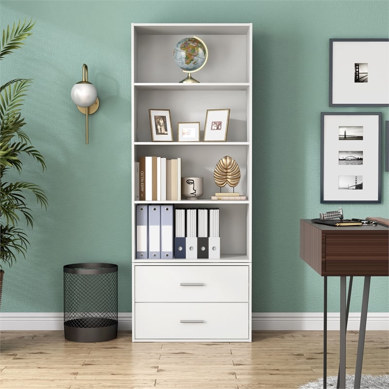Pemberly Row Modern Stackable Wood 2-Drawer Bookcase in White