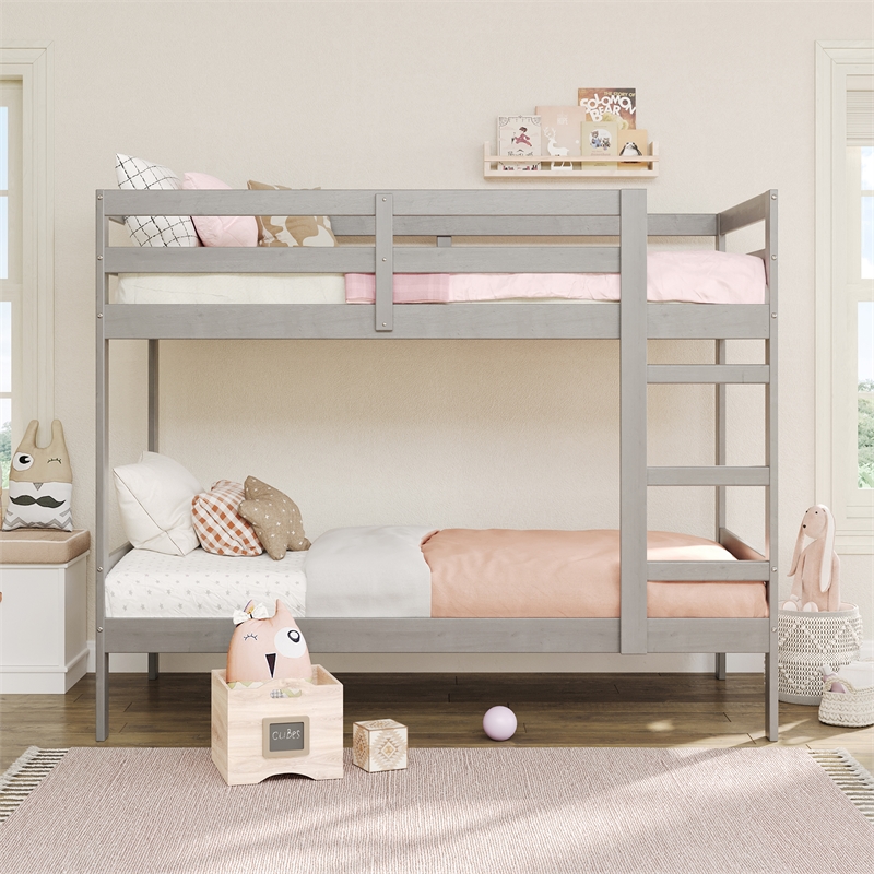 Pemberly Row Twin Over Twin Simple Solid Wood Bunk Bed - Gray