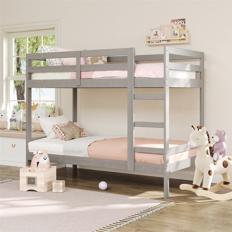 Pemberly Row Twin Over Twin Simple Solid Wood Bunk Bed - Gray