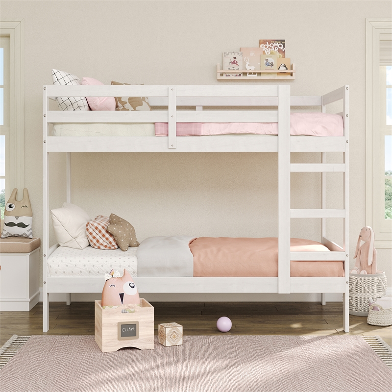 Pemberly Row Twin Over Twin Simple Solid Wood Bunk Bed - White