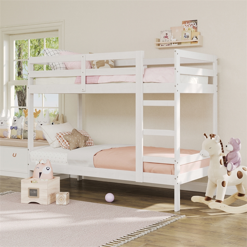 Pemberly Row Twin Over Twin Simple Solid Wood Bunk Bed - White