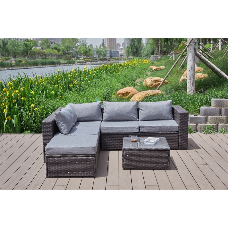 Pemberly Row Gray Wicker / Rattan Sectional with Glass top Coffee table