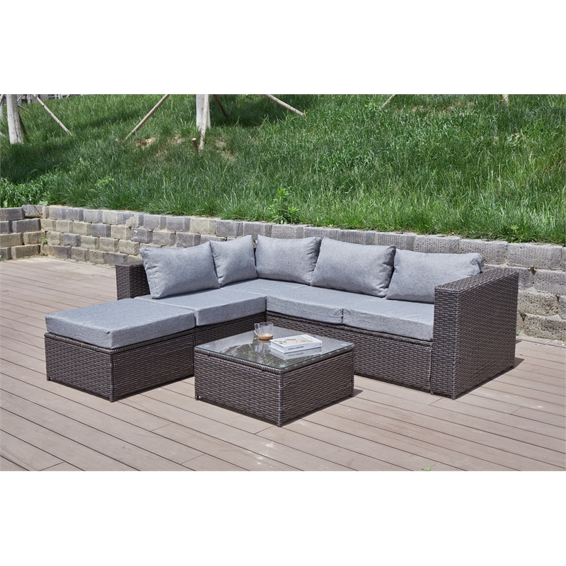 Pemberly Row Gray Wicker / Rattan Sectional with Glass top Coffee table