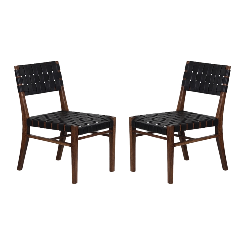 Pemberly Row Set of 2 Genuine Leather Basket-Woven Dining Chairs in Brown