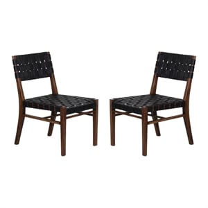 Pemberly Row Set of 2 Genuine Leather Basket-Woven Dining Chairs in Brown