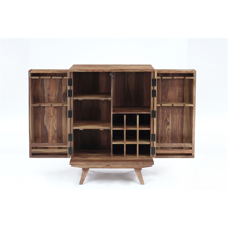 Pemberly Row Contemporary Solid Sheesham Wood Bar in Light Brown