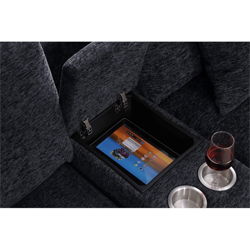 Pemberly Row Dark Gray Fabric Sectional Chaise Cupholders Charging Ports