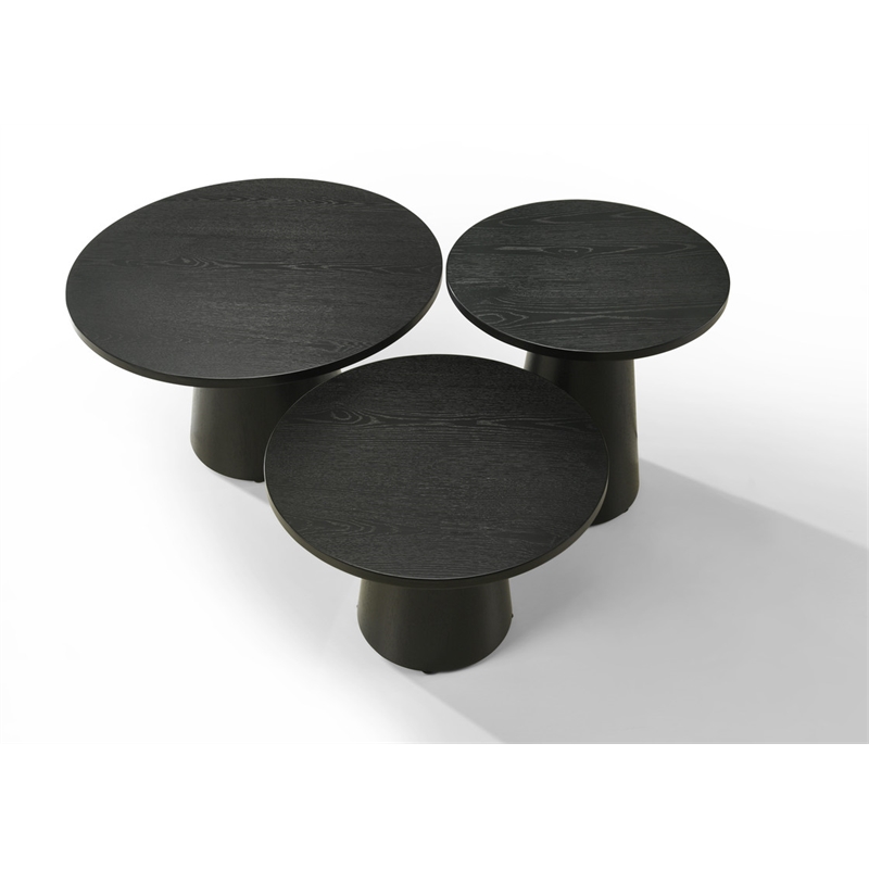 Pemberley Row Wood Ebony Black Coffee, End and Console Table Set Round Natural Wood Grain Variation Unassembled