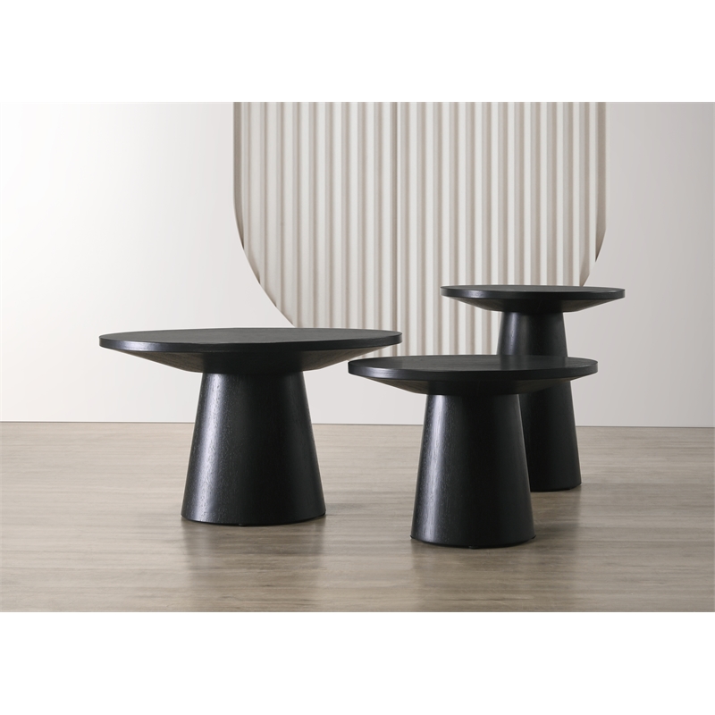 Pemberley Row Wood Ebony Black Coffee, End and Console Table Set Round Natural Wood Grain Variation Unassembled