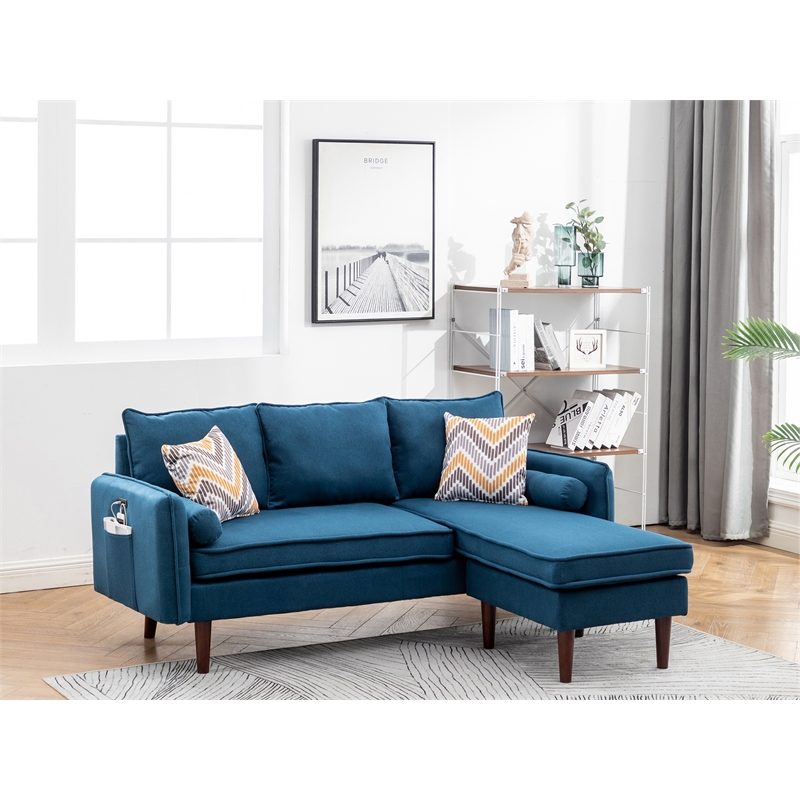 Pemberly Row Fabric Sectional Sofa Chaise with USB Charger & Pillows in Blue