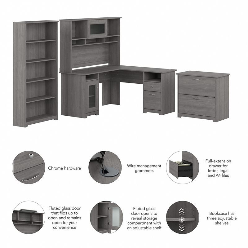 Pemberly Row Engineered Wood L Shaped Desk with Hutch and Storage in Modern Gray