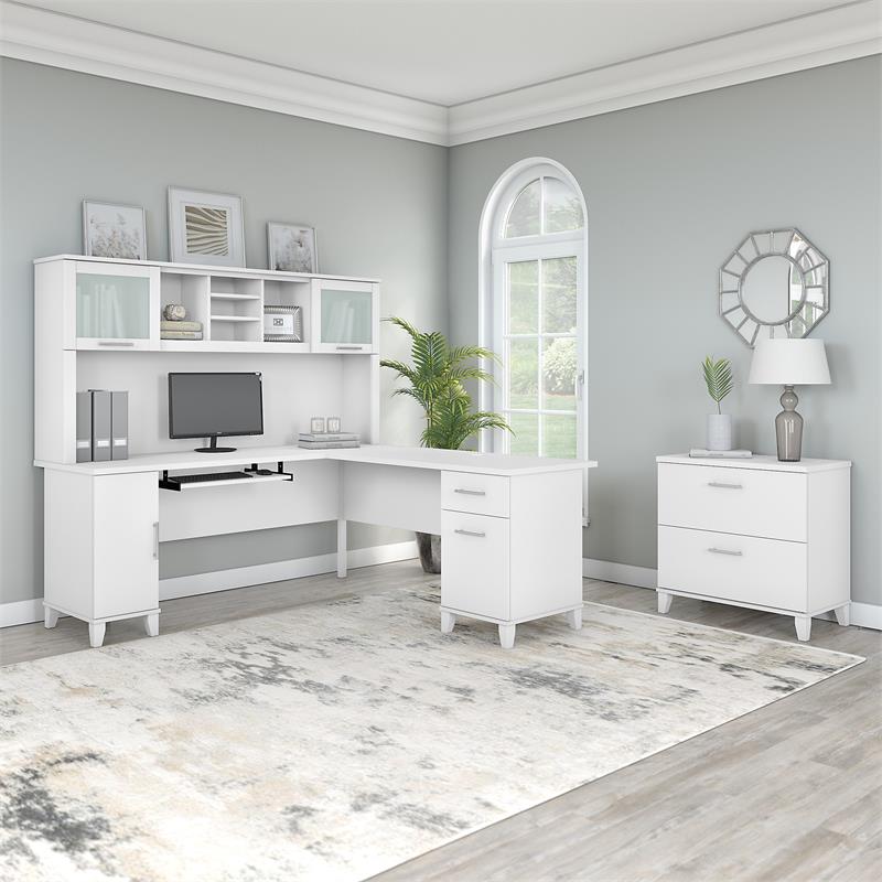 Pemberly Row Engineered Wood 72W L Shaped Desk with Hutch & File Cabinet - White