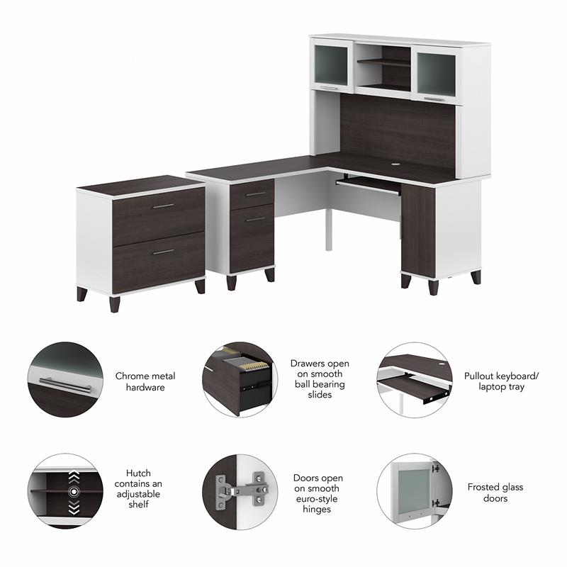 Pemberly Row Engineered Wood 60W L Desk with Hutch & File Cabinet in White/Gray
