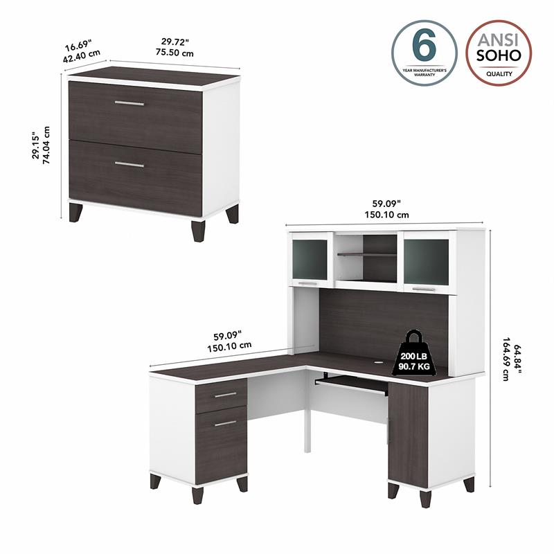 Pemberly Row Engineered Wood 60W L Desk with Hutch & File Cabinet in White/Gray