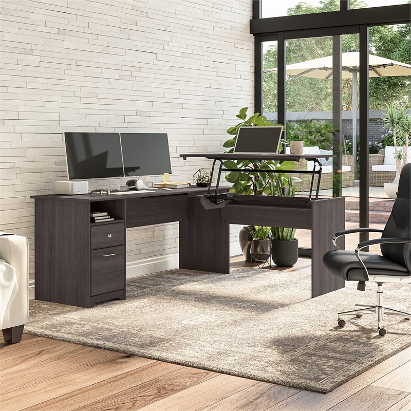 Pemberly Row Engineered Wood 72W 3 Position Sit to Stand L Desk in Heather Gray
