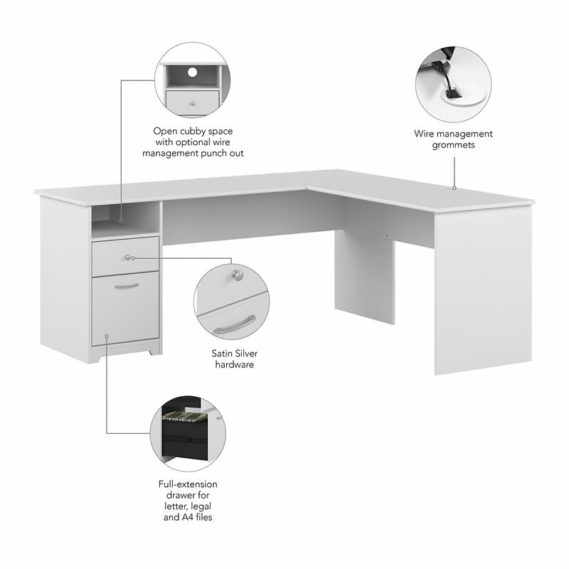 Pemberly Row 72W L Shaped Computer Desk with File in White - Engineered Wood
