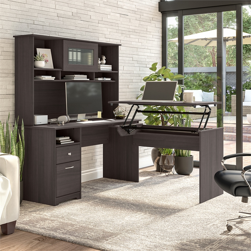 Pemberly Row 60W Sit to Stand L Desk with Hutch in Heather Gray